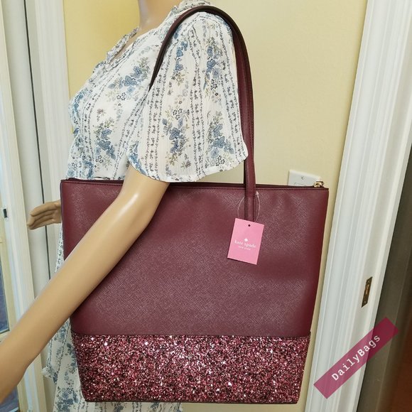 KATE SPADE PENNY GLITTER GRETA TOTE CHERRYWOOD - Picture 6 of 10